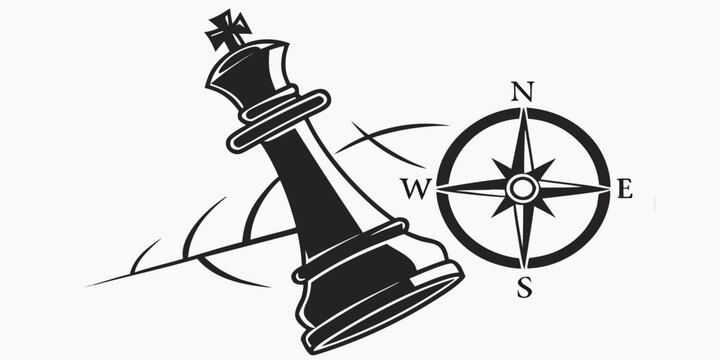 A black and white image of a chess piece and a compass