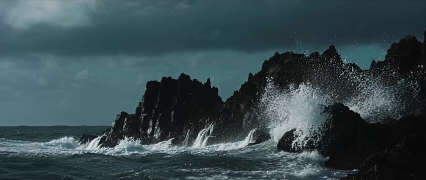 Moody ocean sea wave rock coastline storm splash water spray nature stormy sea dark rock dramatic sky rough coast rocky shore wild nature coastline storm cinematic seascape powerful surf crashing