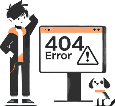 Confused Person and Dog with 404 Error Message illustration