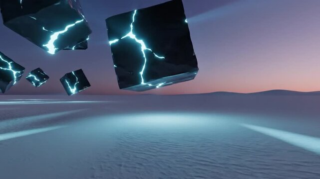 Glowing blue cubes floating above a sandy desert landscape with a gradient purple and pink sky at sunset.