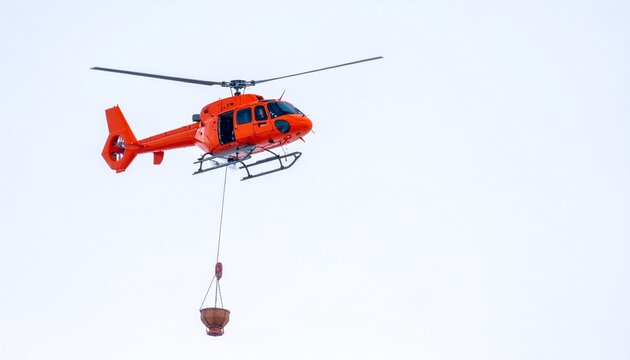 Orange and White Helicopter with Bambi Bucket Aerial Firefighting Emergency Response Technology Visuals