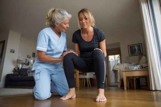 Personalized Recovery, Skilled Physiotherapist Supporting Patient During Home Rehabilitation Exercise