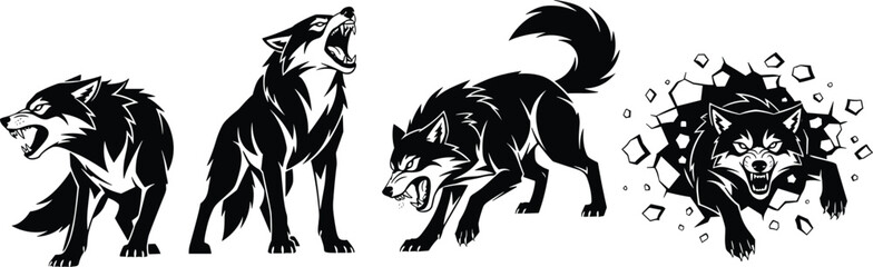 Naklejka premium Aggressive wolf silhouettes set with howling wolf growling predator and wolf breaking through wall for sports mascot logos and tactical wildlife vector designs