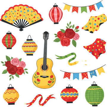 Spanish Feria de Abril Traditional Elements Vector Set with Flamenco Guitar, Polka Dot Fans, and Paper Lanterns