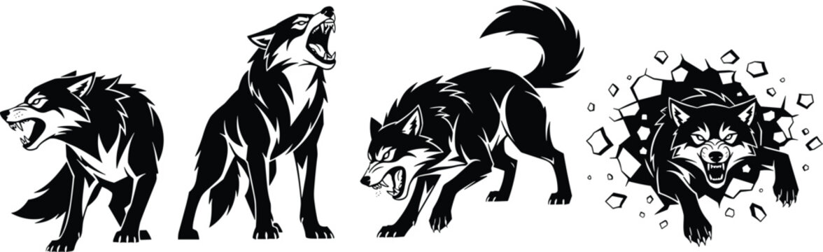 Aggressive wolf silhouettes set with howling wolf growling predator and wolf breaking through wall for sports mascot logos and tactical wildlife vector designs
