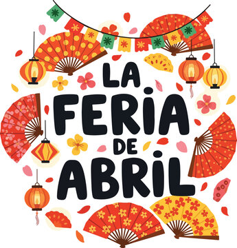 Feria de Abril Seville Festival Celebration with Traditional Spanish Fans and Lanterns Illustration