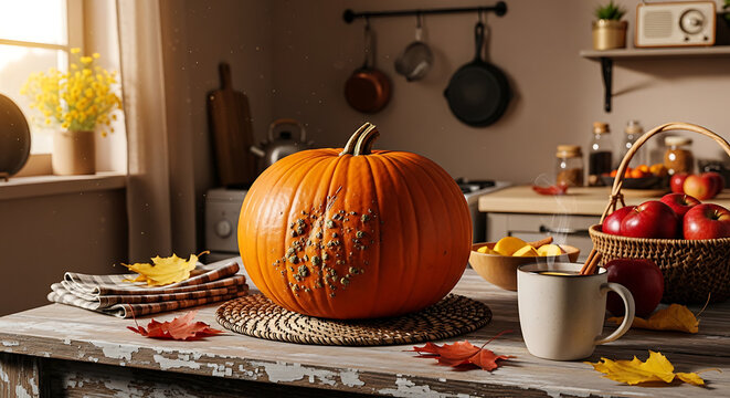 Cozy autumn kitchen scene with a vibrant orange pumpkin, fall leaves, fresh apples, and a steaming hot drink, capturing the essence of harvest