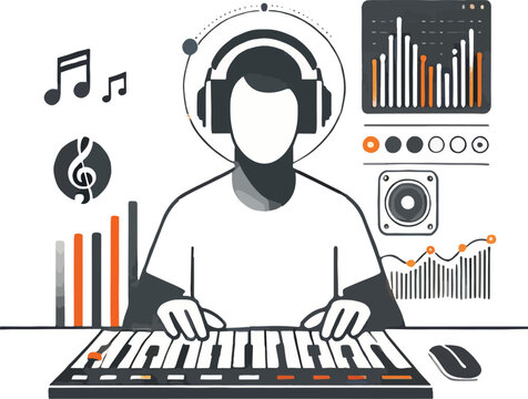 Music producer with headphones and keyboard synthesizer