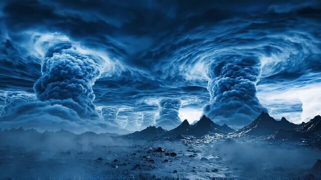 A powerful storm with swirling blue clouds and dramatic tornadoes rages over a dark, rocky landscape illuminated by lightning. The scene depicts intense weather and a desolate environment.