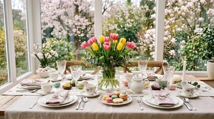 Fototapeta premium easter table setting with spring bouquet and easter eggs, easter morning