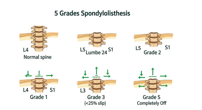 Detailed medical illustration demonstrating the five grades of spondylolisthesis in the human spinal anatomy.