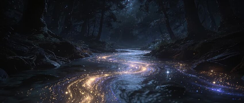 Fantasy river magical forest night landscape glowing water starlight reflection dreamy nature enchanted stream sparkly light fairy tale scene mystical river flows star sky with dreamlike atmosphere