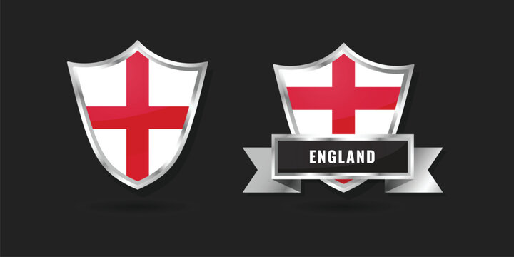 Realistic 3D metallic shield and ribbon featuring the Cross of Saint George, the flag of England, designed for sports, football, and British heritage.