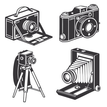 Four black and white illustrations of cameras