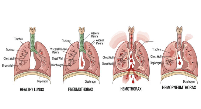 Detailed medical illustration depicting various human lung conditions including pneumothorax, hemothorax, and healthy lungs