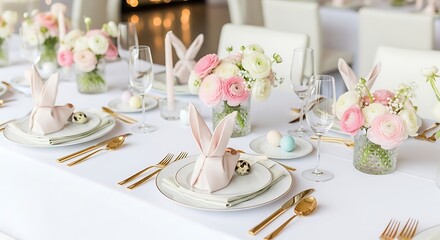 Fototapeta premium Elegant Easter Table Setting with Bunny Napkin Fold and Floral Centerpieces.