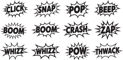 A collection of comic book style speech bubbles displaying various onomatopoeic words presented in stark black and white silhouette high quality professional detailed modern elegant stylish © Mahmudul