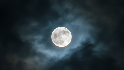 Obraz premium A luminous, full celestial body dominates a darkened, cloudy expanse, radiating a soft glow in the night