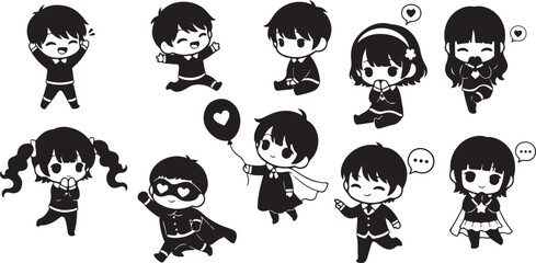 Fototapeta premium A collection of adorable chibi style cartoon characters including boys and girls depicted in a stark black silhouette high quality professional detailed modern elegant stylish clean