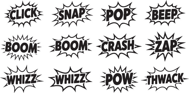 A collection of comic book style speech bubbles displaying various onomatopoeic words presented in stark black and white silhouette high quality professional detailed modern elegant stylish