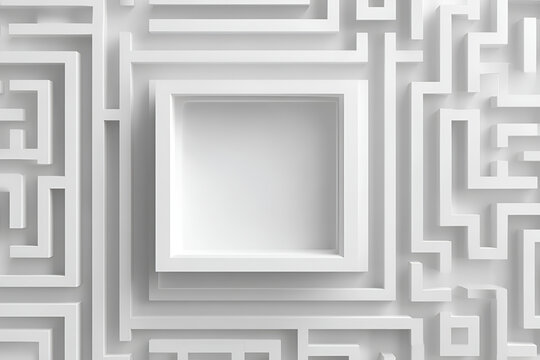 A 3D rendered, monochromatic, white labyrinth design, focusing on a central open square, nested within surrounding pathways