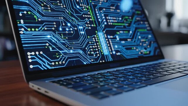 Laptop displaying abstract circuit board design and data representation