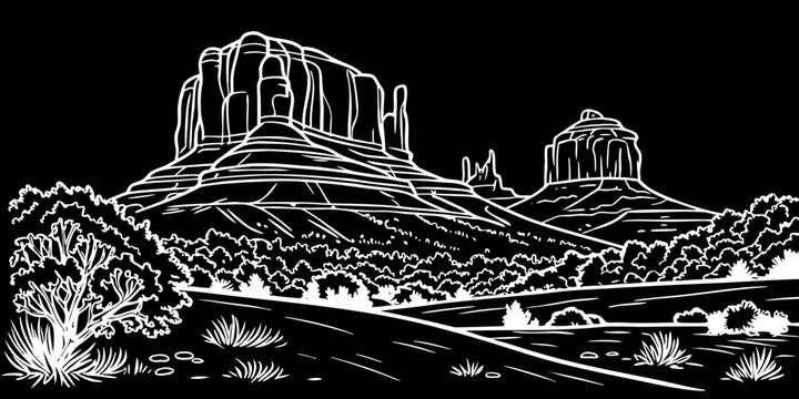 USA, US, U.S, United States - Sedona skyline red rocks minimal svg clean line vector black white
