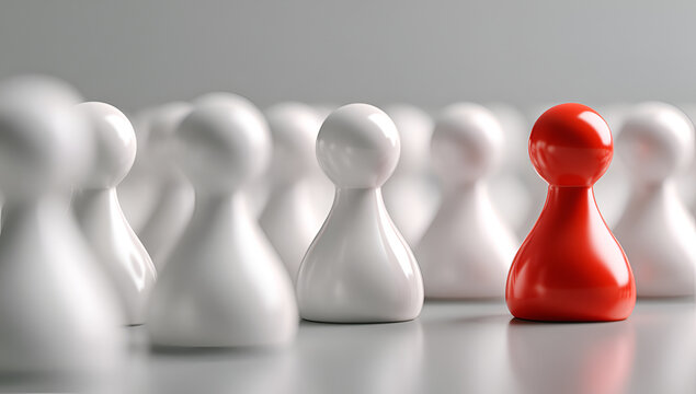 A close-up shot of a red pawn stands out amongst many white pawns, symbolizing individuality and uniqueness. Shallow depth of field