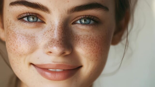 Close-up face of smiling woman with freckles, bright blue eyes and neutral expression for stock photos.