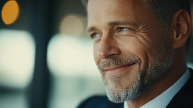 A smiling businessman with a beard and glasses looking contemplative in an office setting, possibly near an airplane.