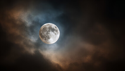 Obraz premium A luminous full moon is partially veiled by wispy clouds in a dark night sky. The contrasting colors create a dramatic scene