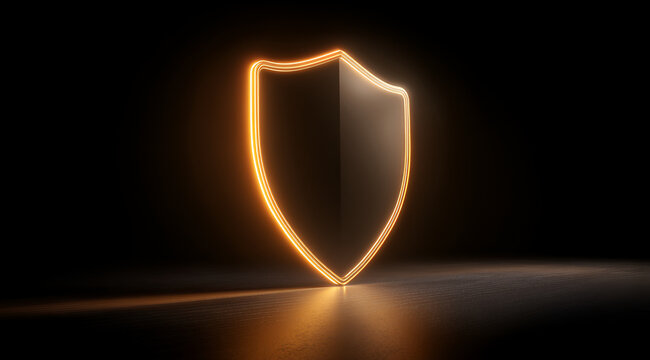 A luminous, glowing shield in a dark environment, casting a warm light. The shield is defined by a bright orange outline, providing a strong contrast