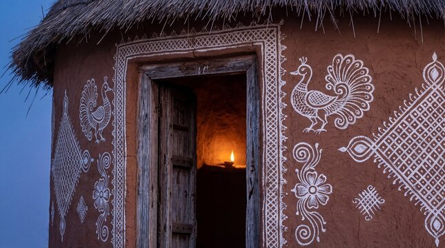 Intricate Mandana Folk Art on Traditional Thar Desert Jhopa Hut. Close-up of White Peacock Motifs on Mud Wall with Warm Interior Light at Blue Hour. Cultural Heritage Architectural Detail.