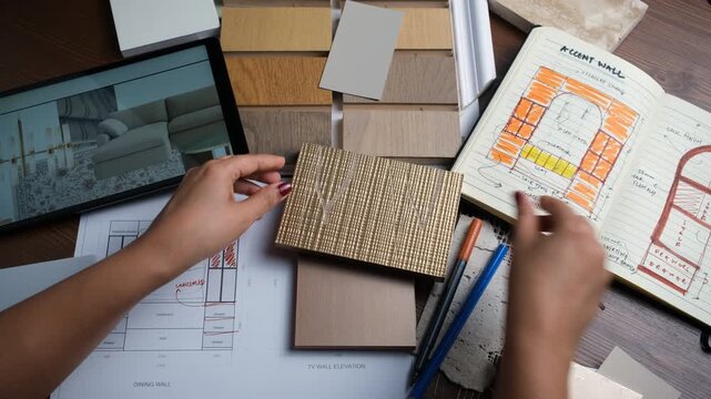 Interior designer explaining plans with color palette and material board for home renovation to client, stock video in 4K res 

