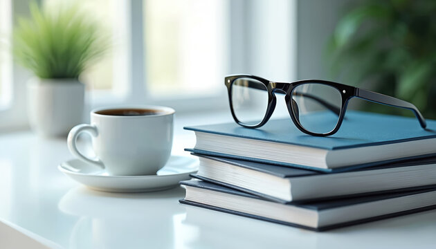 Stack of books with glasses rests on desk. Coffee cup sits nearby. Represents learning and professional growth. Minimalist setting with indoor plant.