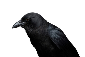 Fototapeta premium Black raven close-up profile. Intelligent corvid bird with dark plumage on transparent background, symbolizing mystery