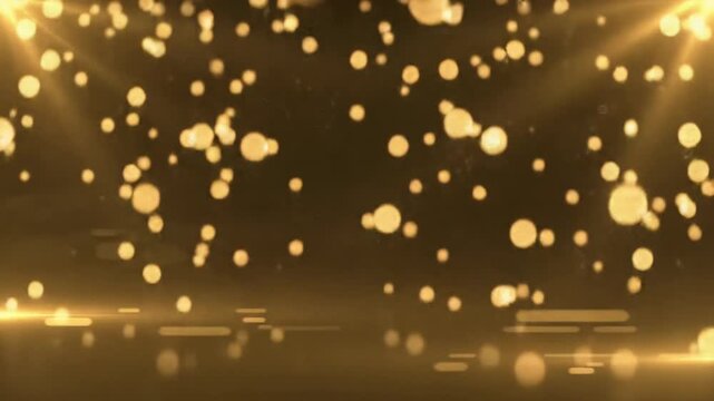 Thousands of shimmering golden bokeh particles gently drift in soft, ethereal light, pierced by strong beams through volumetric haze, with warm glowing streaks, in an establishing wide video with a