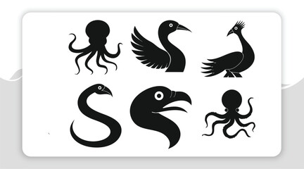 Obraz premium Diverse Collection of Animal Silhouettes Octopuses, Birds, Snakes, and Eagles Presented as Simple Black Graphic Icons for Educational and Creative Design Projects