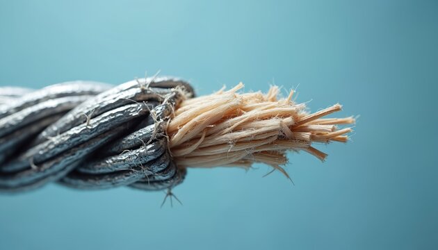 Macro view of frayed metal cable revealing beige fiber strands. Industrial texture shows damage, unraveling, highlighting structural weakness or breakdown. closeup detail of tension, material failure.