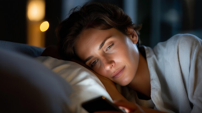 Person lying in bed illuminated by a phone screen at night, always-on anxiety and digital addiction concept, defocused background, with copy space