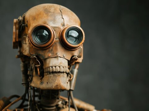 Steampunk robot skull with large copper lens eyes