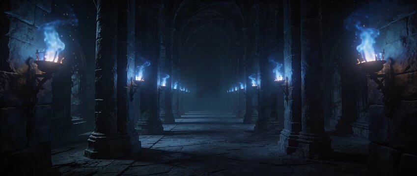 Mysterious dungeon corridor with gothic archway and ancient stone pillar, blue flame torch fire and smoke, dark fantasy medieval hallway tunnel, dramatic lighting fog filled underground stone ruin