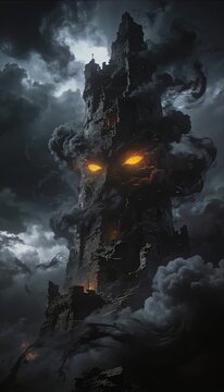 Dark tower fantasy horror haunted night cloud smoke fire eye glowing ominous gothic ruin ancient stone fortress storm cloud black smoke dramatic lighting brooding cinematic night sky sinister mood