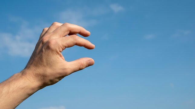 Hand pinching empty space against blue sky creating illusion of holding object