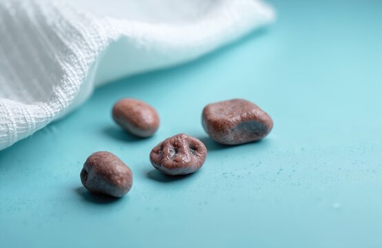 Four brown gallstones rest on blue cloth next to white gauze. Stones represent medical conditions like gallstones, cholecystitis. Used in healthcare education, medical articles about digestion.
