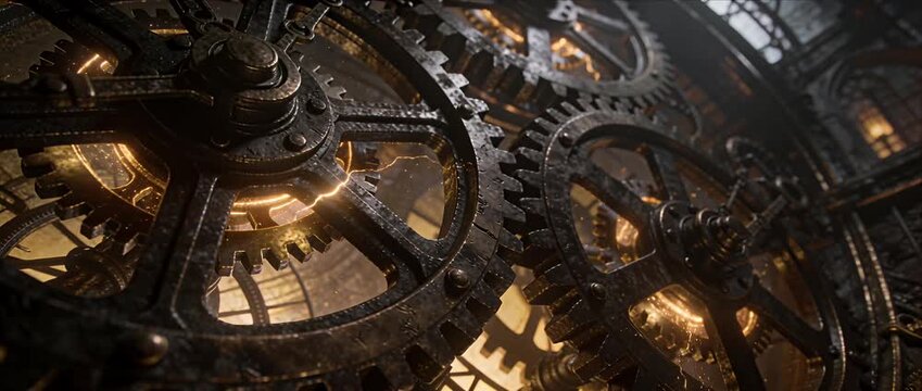 Steampunk gear machine industrial mechanism metal cogwheel technology engineering vintage detail mechanical complexity smooth motion dark interior macro complex gear machinery steampunk style