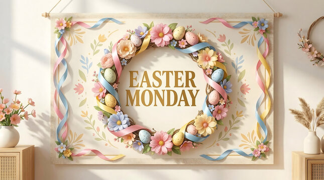 Easter Monday Floral Wreath Banner with Eggs and Ribbons