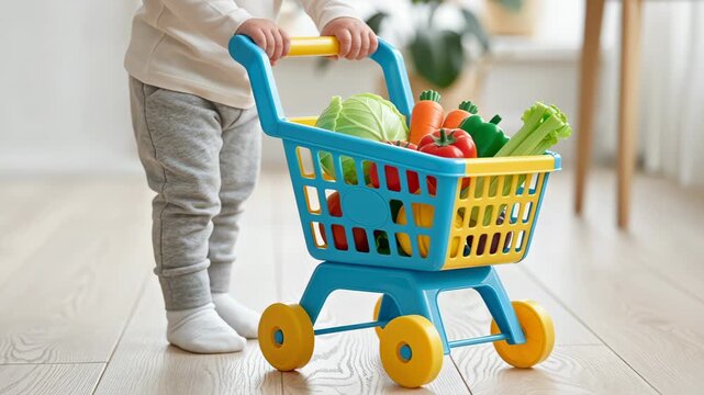 young child pushing colorful toy shopping cart filled with fresh vegetables indoors learning through pretend play and everyday activities