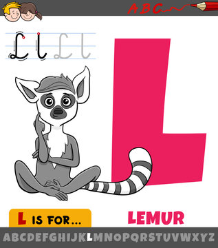 letter L from alphabet with cartoon lemur animal character