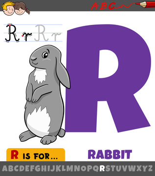 letter R worksheet with cartoon illustration of rabbit animal character